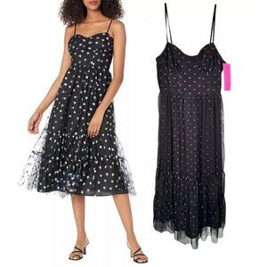 Betsey Johnson Size 14 Lip Print Raven Black Tulle Mesh Midi Dress Sweetheart